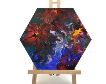 Peinture acrylique fluide, toile tendue hexagonale originale 12", abstraite, fleurs, tenture murale, forêt tropicale vert bleu rouge rose
