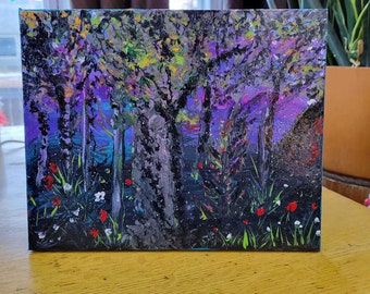 Acrylic Evening Forest Painting: Abstract Magical Landscape Art (8x10)