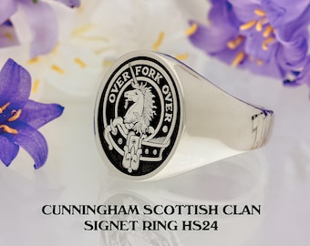 Cunningham Scottish Clan Signet Ring, Silver Hallmarked Handmade and Laser Engraved in the England - Made to Order