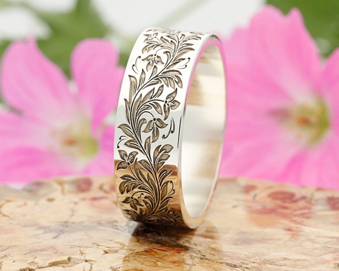 Delicate Flower Engraved Ring Wedding Band Unique Design