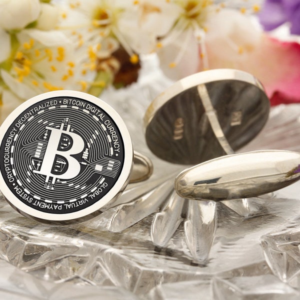 Bitcoin Designer Sterling Silver Cufflinks handmade and laser engraved in the UK, Personalised