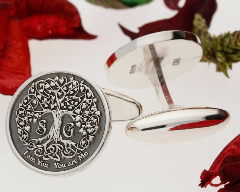 Love Heart Tree Initials Silver Cufflinks wedding gift for groom or best man bespoke initials laser engraved and handmade in the UK