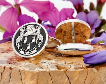 Ryan Family Crest Ireland Silver Cufflinks Laser Engraved