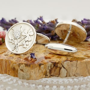 Scottish Thistle and Irish Shamrock Engraved Cufflinks  | Sterling Silver | Personalised Message | Husband or Boyfriend Jewellery Gift