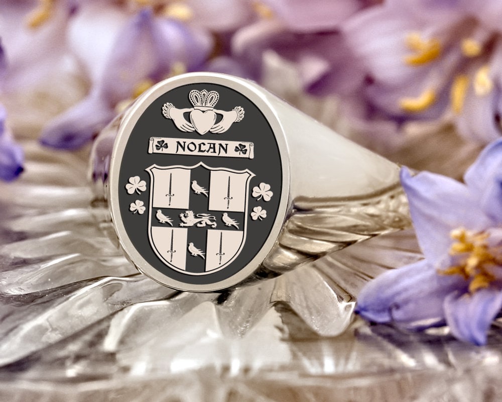 Nolan Claddagh Family Crest Signet Ring, Sterling Silver, Handmade