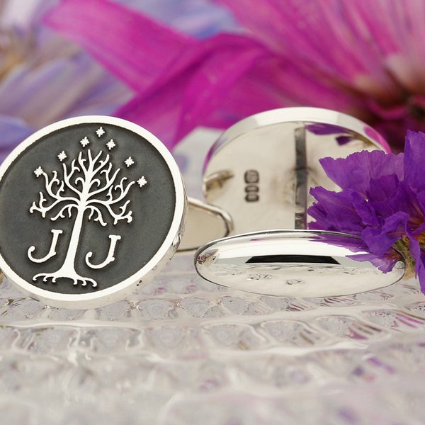 Tree of Gondor Sterling Silver Cufflinks, bespoke personalised design, handmade and laser engraved in the UK