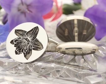 Welsh Daffodil Silver Cufflinks, wedding gift for groom or best man, laser engraved and handmade in the UK