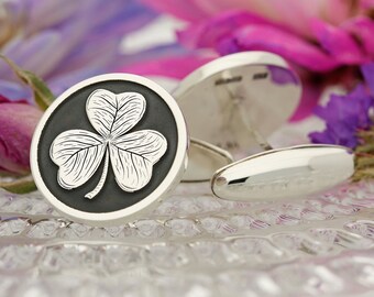 Irish Shamrock Silver Cufflinks, wedding gift for groom or best man, laser engraved and handmade in the UK