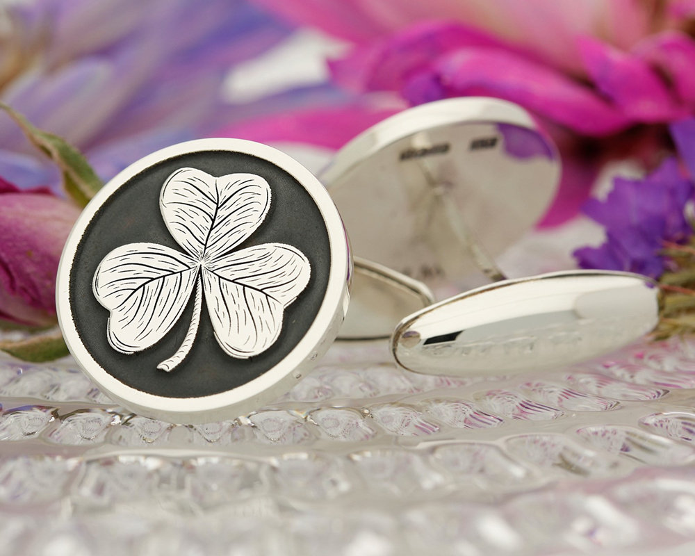 Irish Shamrock Engraved Cufflinks Sterling Silver Personalised Message Husband or Boyfriend Jewellery Gift Handmade in UK