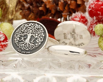 Love Heart Tree Wedding Initials bespoke silver cufflinks, Handmade and Engraved to Order, Personalised