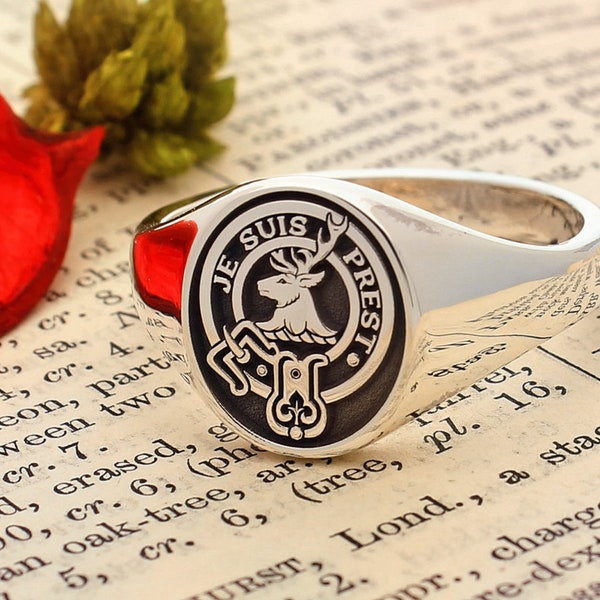 Fraser of Lovat Scottish Clan Signet Ring (Je Suis Prest ) Sterling Silver Hallmarked Handmade and Laser Engraved in the UK - Made to Order