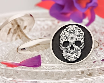 Sugar Skull Cufflinks Sterling Silver handmade and laser engraved in UK, Personalized, the perfect gift for him and her