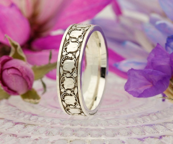 Lily of the Valley Engraved Ring Wedding Band Unique Design  