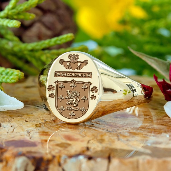 Gallagher Claddagh Family Crest Signet Ring, Sterling Silver or 9ct Gold, Handmade and Laser Engraved in UK, Hallmarked