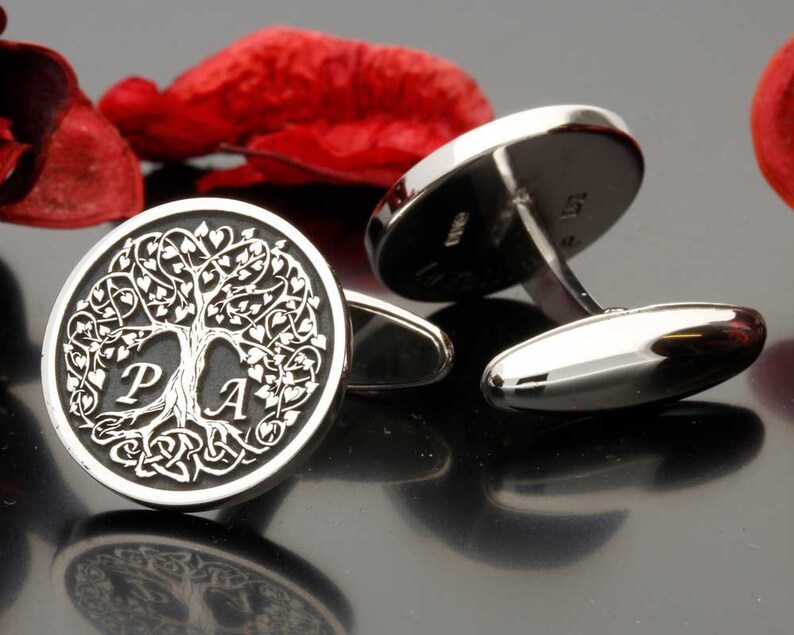 Love Heart Tree Initials Silver Cufflinks wedding gift for groom or best man bespoke initials laser engraved and handmade in the UK