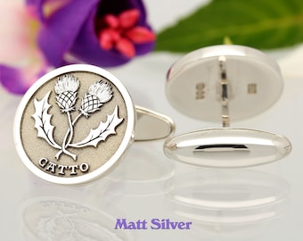 Scottish Entwined Thistle Sterling Silver Cufflinks personalised handmade and laser engraved in the UK, Worldwide shipping