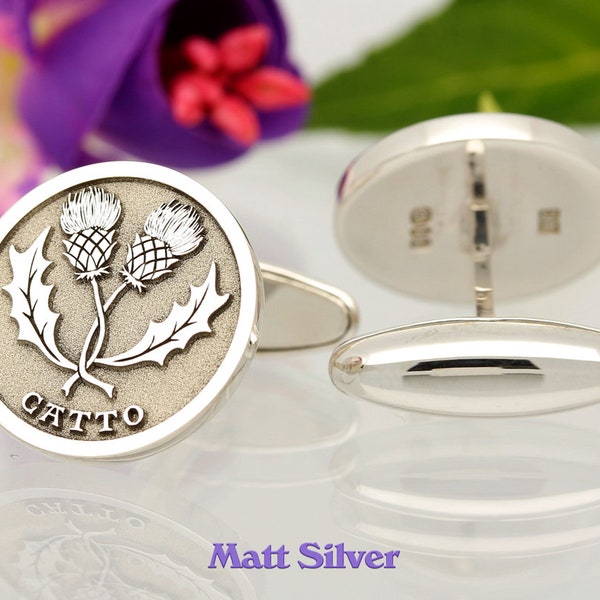 Scottish Entwined Thistle Sterling Silver Cufflinks personalised handmade and laser engraved in the UK, Worldwide shipping