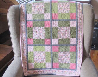 Quilted Table Runner Spring Pink and Green, Pieced Blocks 30 by 21 Inches