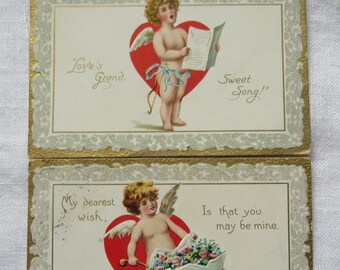 Two Vintage Valentine Postcards, Vintage Raphael Tuck & Sons Cupid Series With 1 Cent Stamps