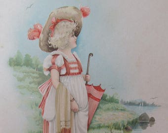Fashionable Young Victorian Girl Waiting For The Ferry, Book Page Lithograph Free Shipping