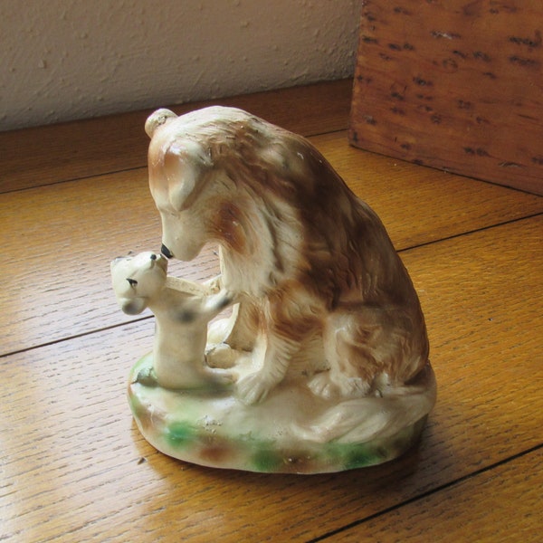 Chalkware Dogs Figurine Vintage Collie and Puppy Nose To Nose 30s-40s Vintage Carnival Statue