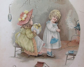Little Victorian Girls Playing House Called A Friendly Visit Vintage Lithograph Book Page