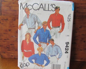 McCalls 9424 The Gap Unisex Shirt Pattern Ex-Lg Uncut