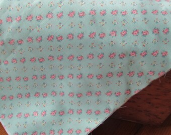Mint Green Fabric With Pink Roses Flour Sack Like, Mid-Century Cotton