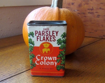 Dried Parsley Flakes Tin, Vintage Crown Colony Cardboard Sided Can With Herb Graphics Farmhouse Kitchen Collectible, Elephant Logo