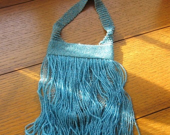 1920s Flapper Evening Bag, Antique Vintage Beaded Purse, Turquoise Long Shimmery Beaded Strands