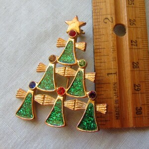 Christmas Angle Tree Brooch Vintage Costume Holiday Jewelry Coat Pin Green, Red and Gold image 3