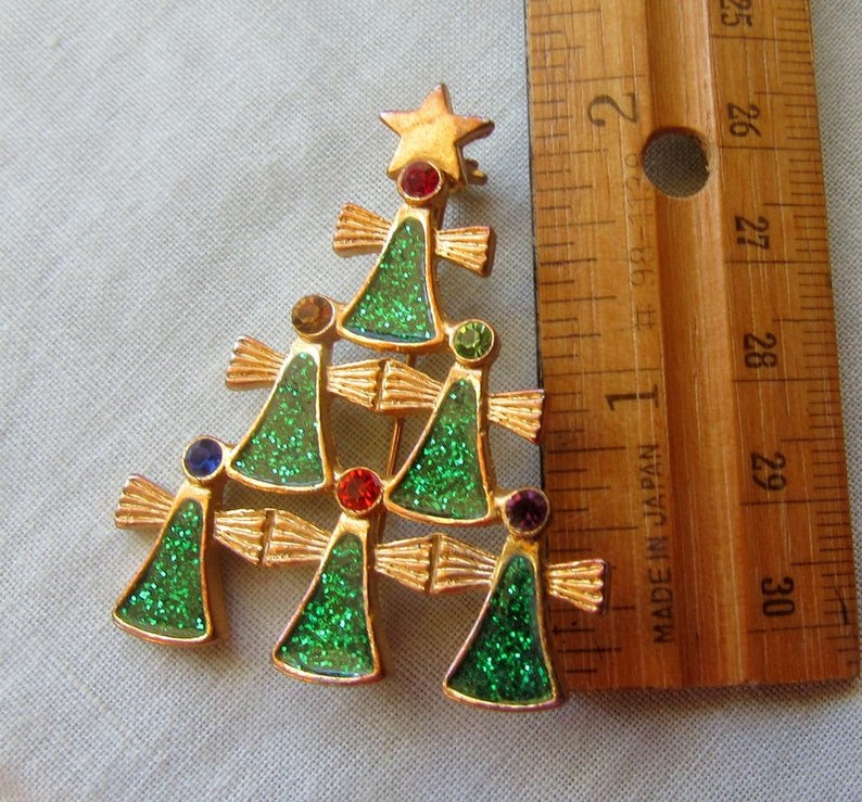 Christmas Angle Tree Brooch Vintage Costume Holiday Jewelry Coat Pin Green, Red and Gold image 3