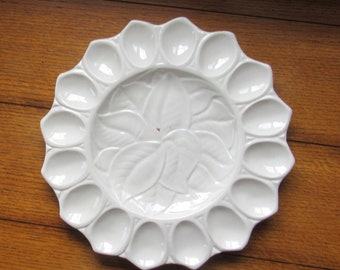 Unique White Deviled Egg Plate, Vintage Midcentury USA Pottery, Sunflower Design, Farmhouse Kitchen