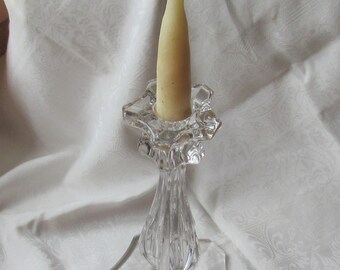 Pressed Glass Candlestick Holder, Tall Unusual Vintage Design, Farmhouse Decor