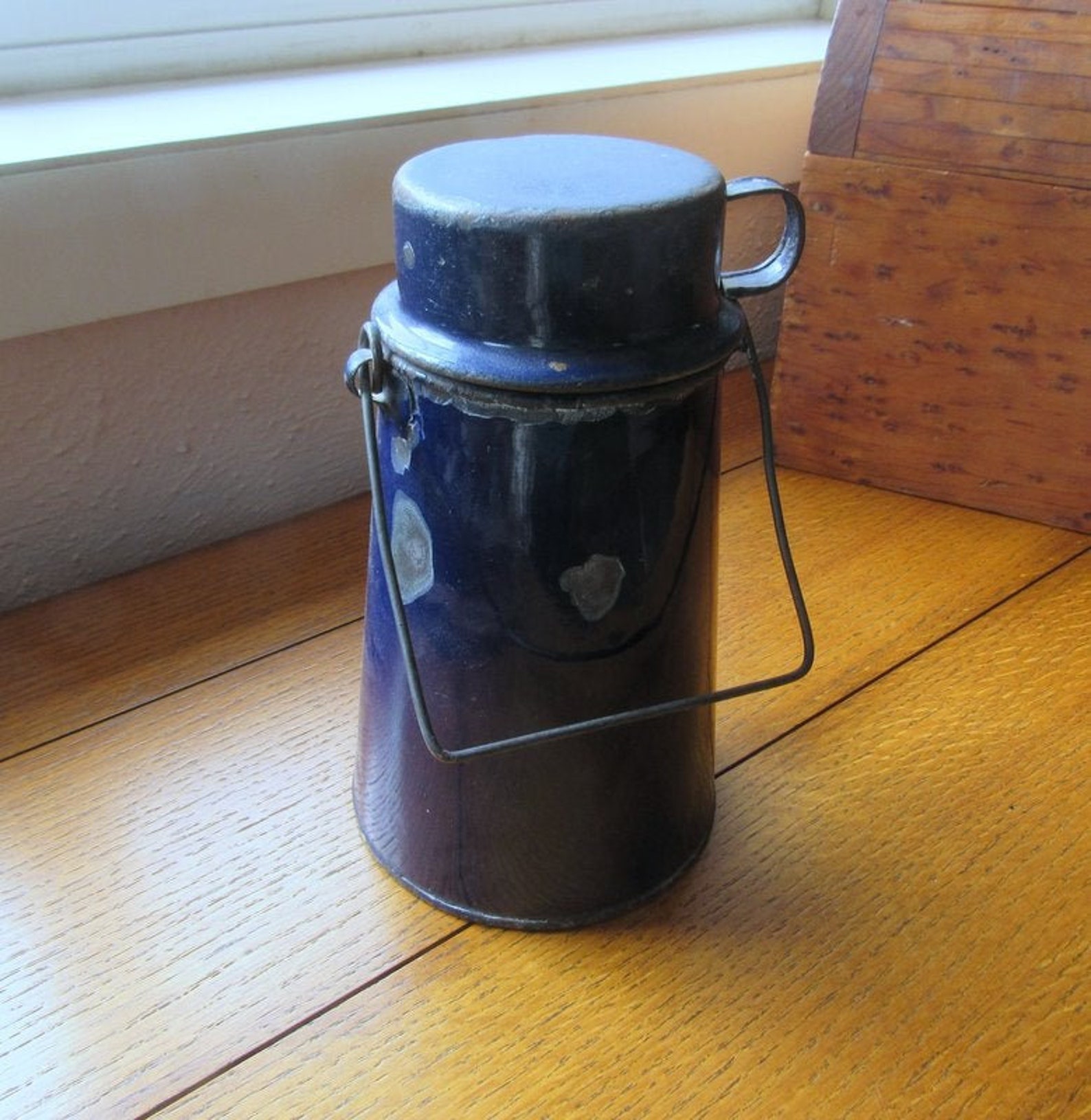 Antique Milk Can Dark Blue Enamel With Cup Lid and Bail Handle Etsy