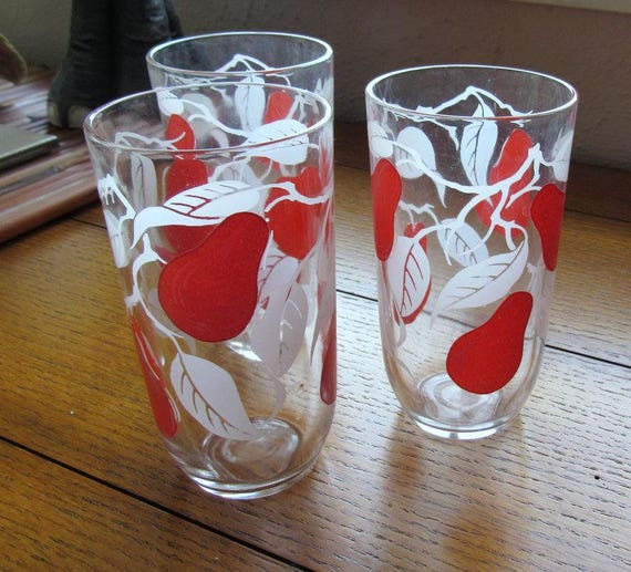 Three Red Pear Kitchen Drinking Glasses Tall Juice Tumblers 