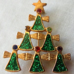 Christmas Angle Tree Brooch Vintage Costume Holiday Jewelry Coat Pin Green, Red and Gold image 5