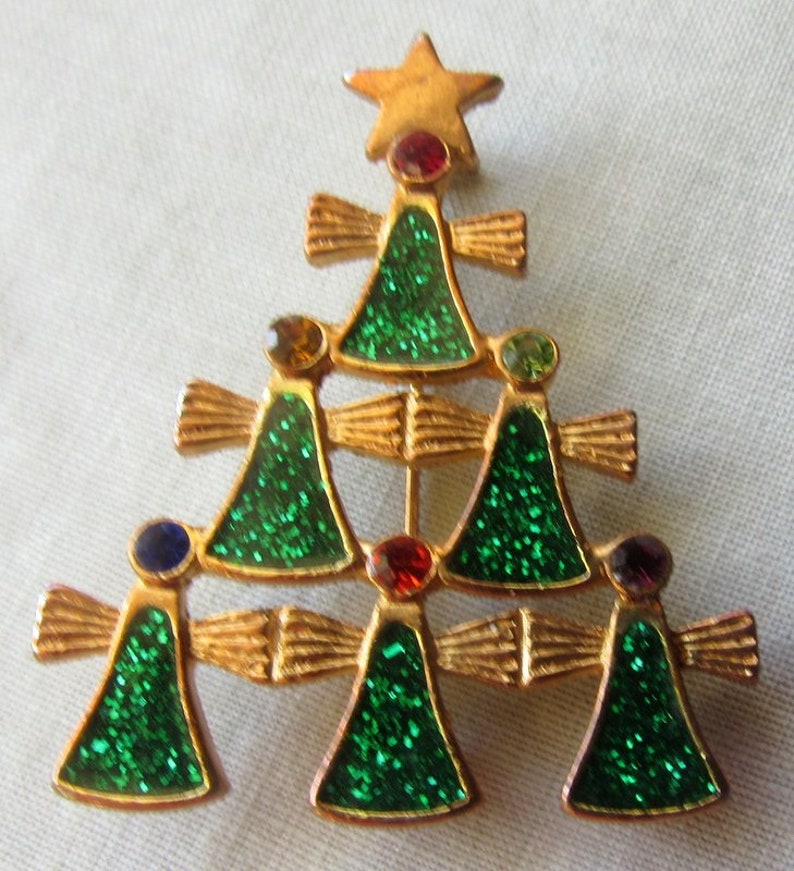 Christmas Angle Tree Brooch Vintage Costume Holiday Jewelry Coat Pin Green, Red and Gold image 5