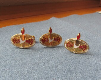 FGB Dove and Candle MFI Cuff Links and Tie Tack Set Vintage Goldtone and Red