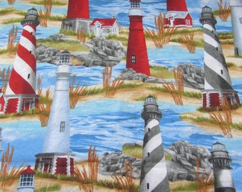 Lighthouse Fabric, Large Scale, Red, White, Blue, Gray Colors