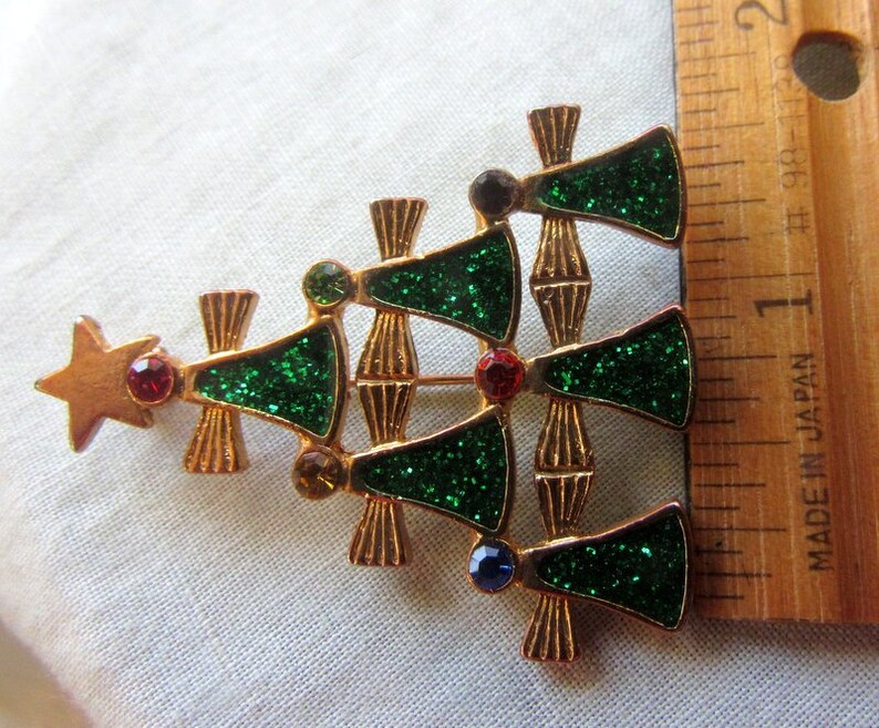 Christmas Angle Tree Brooch Vintage Costume Holiday Jewelry Coat Pin Green, Red and Gold image 4