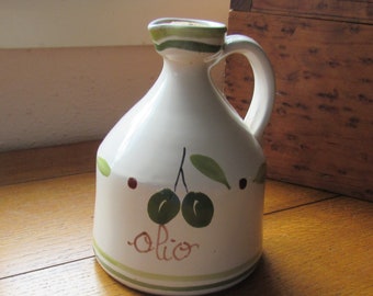 Vintage Olio Stoneware Jug With Handpainted Green Olives On Cream Ceramic Made In Italy