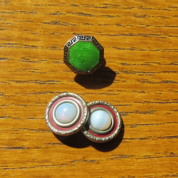 Two Antique Single Cuff Links, White Opals and Jadeite, For Crafting Jewelry Or Collecting