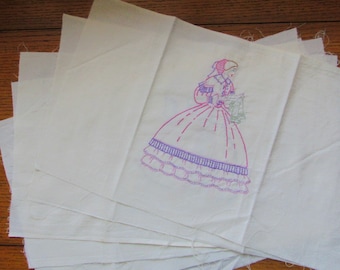 6 Vintage Hand Embroidered Blocks, Stylish Colonial Ladies In Period Dress