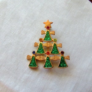 Christmas Angle Tree Brooch Vintage Costume Holiday Jewelry Coat Pin Green, Red and Gold image 1