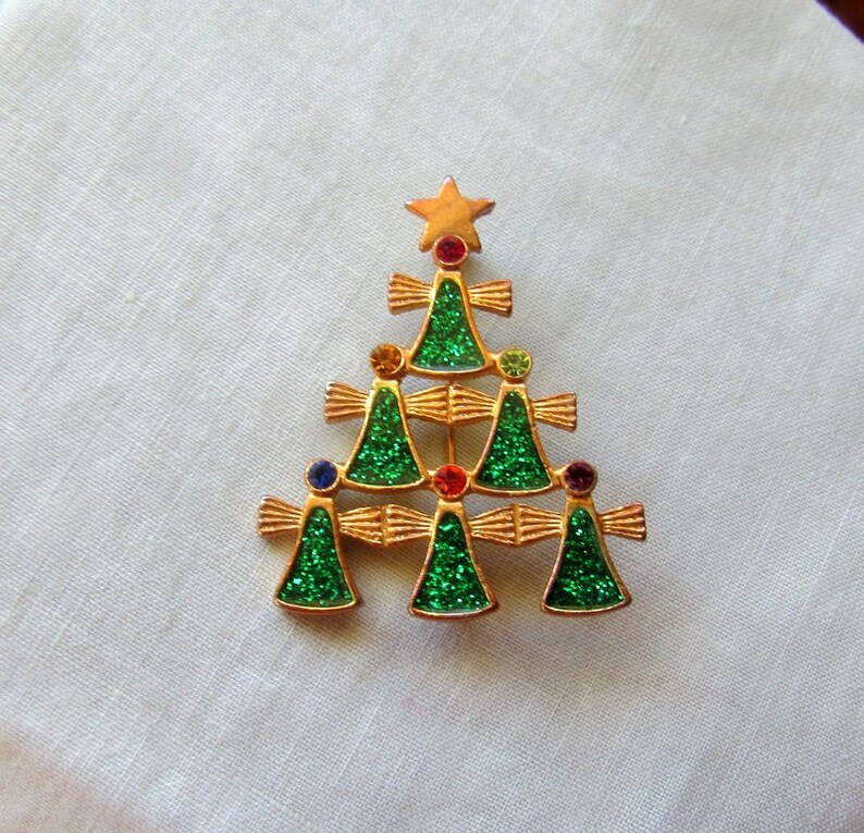 Christmas Angle Tree Brooch Vintage Costume Holiday Jewelry Coat Pin Green, Red and Gold image 1