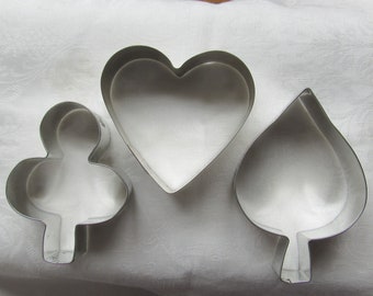 Cookie Cutters Set of Three, Heart, Club, Spade Vintage Farmhouse Kitchen Baking, Card Party