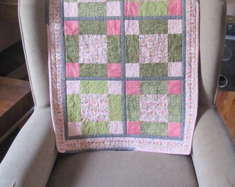 Quilted Table Runner Spring Pink and Green, Pieced Blocks 30 by 21 Inches