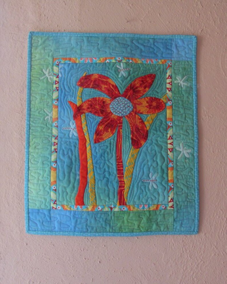 Modern Art Quilt Appliqued and Beaded Wall Hanging Pond Life image 0