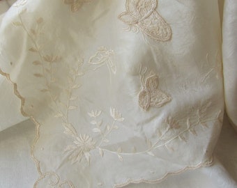 Victorian Silk Handkerchief With Hand Embroidered Butterflies In Relief, Hummingbirds and Floral Design Work